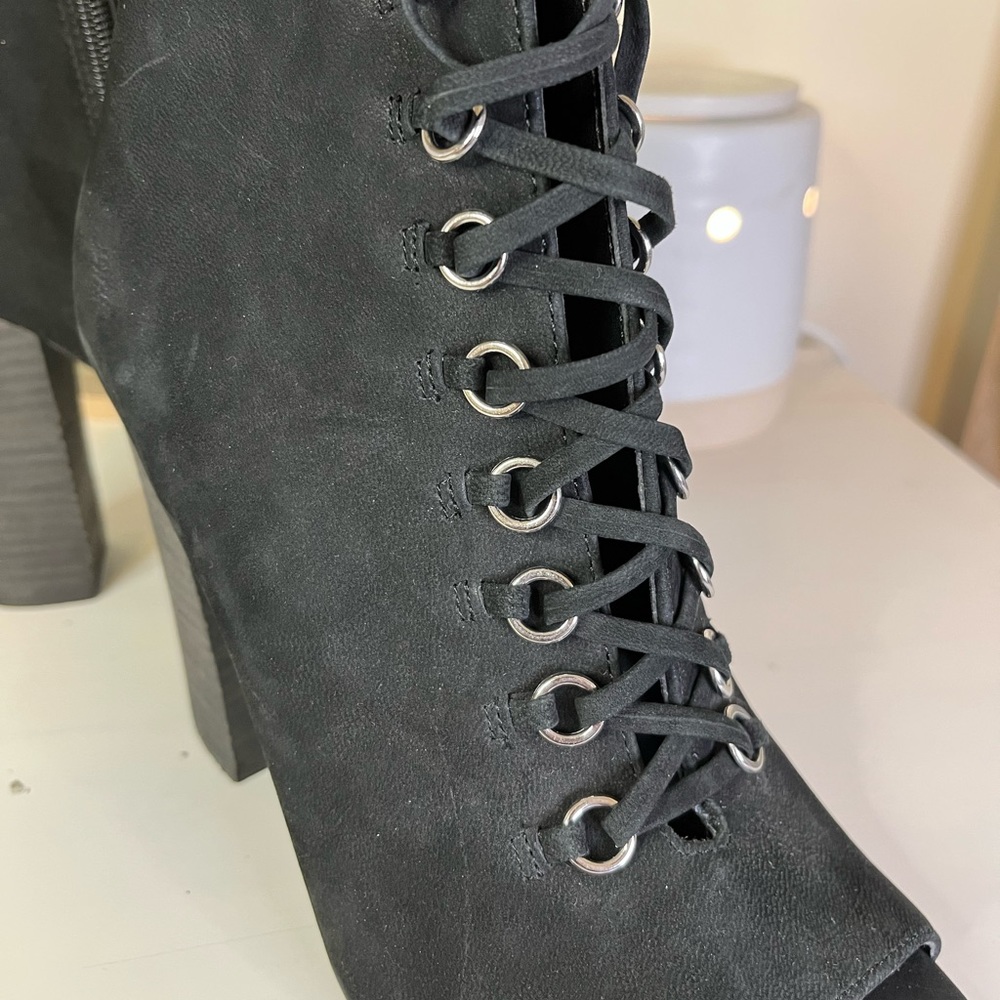 Steve Madden Freemee Black Nubuck Leather Peep-Toe Booties - Picture 5 of 8